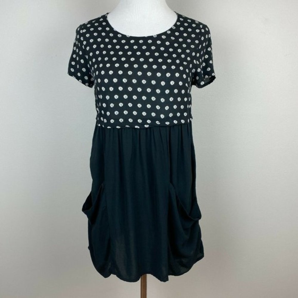 Anthropologie HD In Paris Tunic Top 0 Black White Floral‎ Pockets Short Sleeve